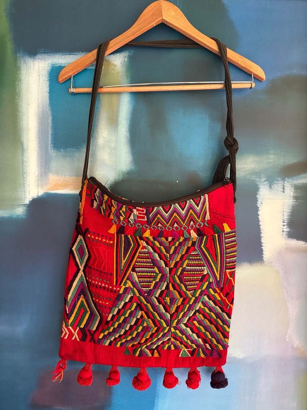 Handmade Guatemalan Huipil Embroidered Red Crossbody Bag with Tassels